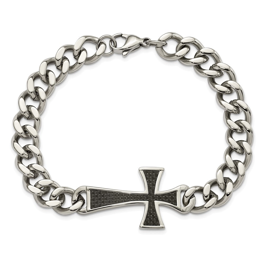 Stainless Steel Chisel Polished With Black Carbon Fiber Inlay Cross 8.5 Inch Bracelet