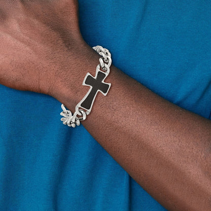 Stainless Steel Chisel Polished With Black Carbon Fiber Inlay Cross 8.5 Inch Bracelet