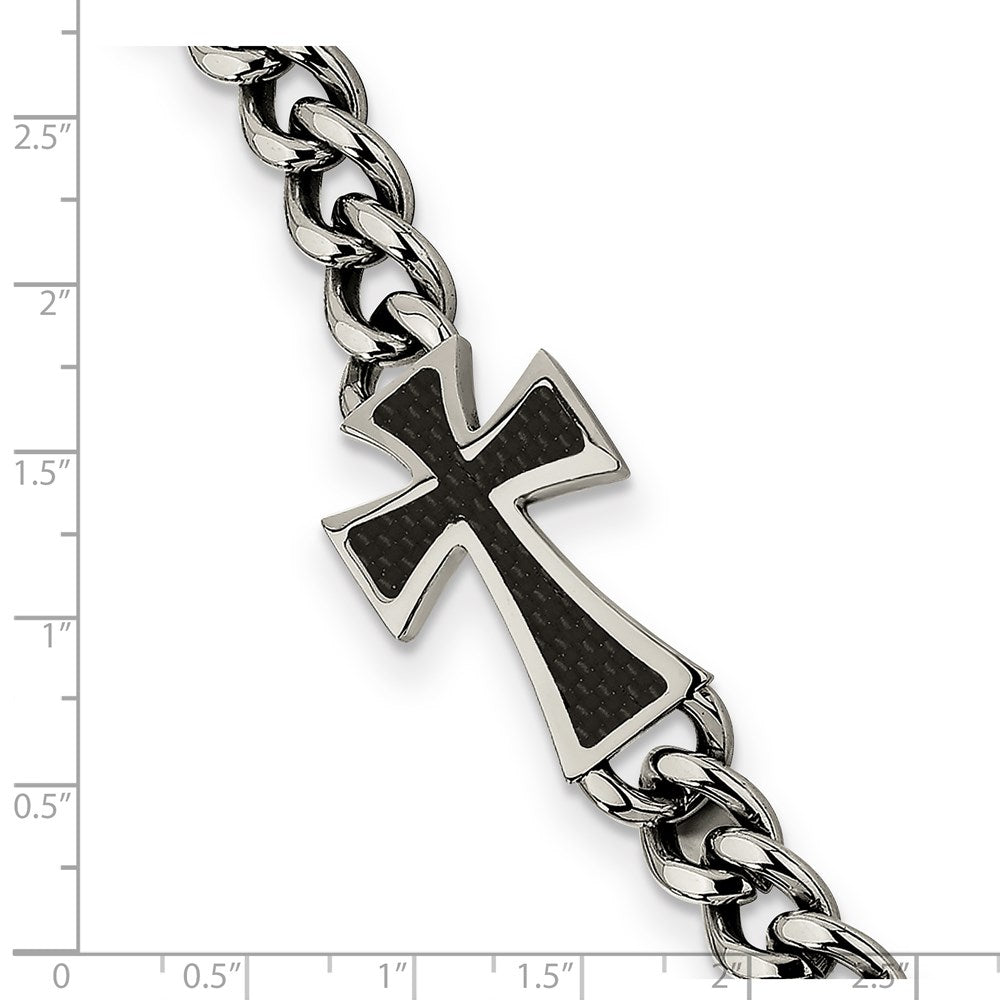 Stainless Steel Chisel Polished With Black Carbon Fiber Inlay Cross 8.5 Inch Bracelet