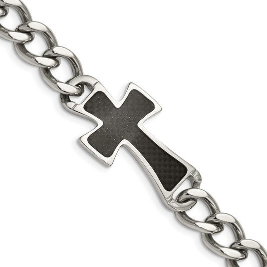 Stainless Steel Chisel Polished With Black Carbon Fiber Inlay Cross 8.5 Inch Bracelet