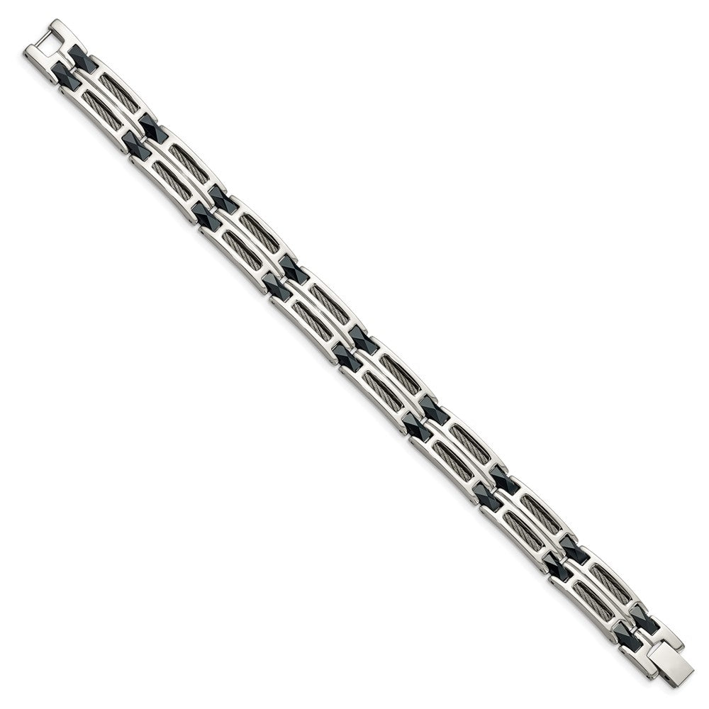 Stainless Steel Chisel Polished With Dark Blue Ceramic And Cable Inlay 8.75 Inch Link Bracelet