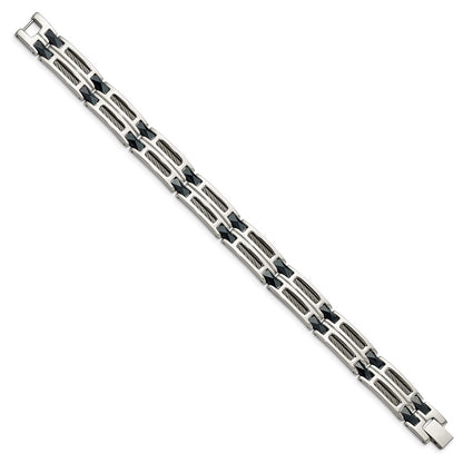 Stainless Steel Chisel Polished With Dark Blue Ceramic And Cable Inlay 8.75 Inch Link Bracelet
