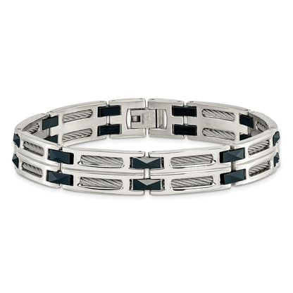 Stainless Steel Chisel Polished With Dark Blue Ceramic And Cable Inlay 8.75 Inch Link Bracelet