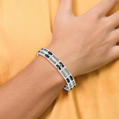 Stainless Steel Chisel Polished With Dark Blue Ceramic And Cable Inlay 8.75 Inch Link Bracelet