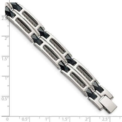 Stainless Steel Chisel Polished With Dark Blue Ceramic And Cable Inlay 8.75 Inch Link Bracelet