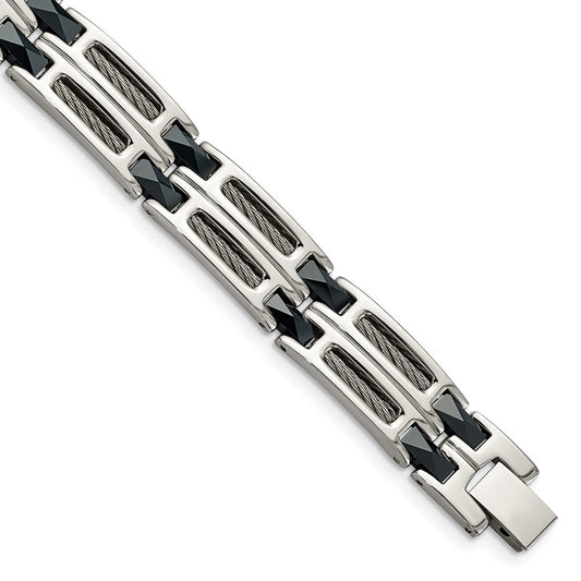 Stainless Steel Chisel Polished With Dark Blue Ceramic And Cable Inlay 8.75 Inch Link Bracelet