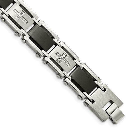 Stainless Steel Chisel Brushed And Polished Black Ip-Plated With 1/4 Carat Diamond 8.75 Inch Bracelet