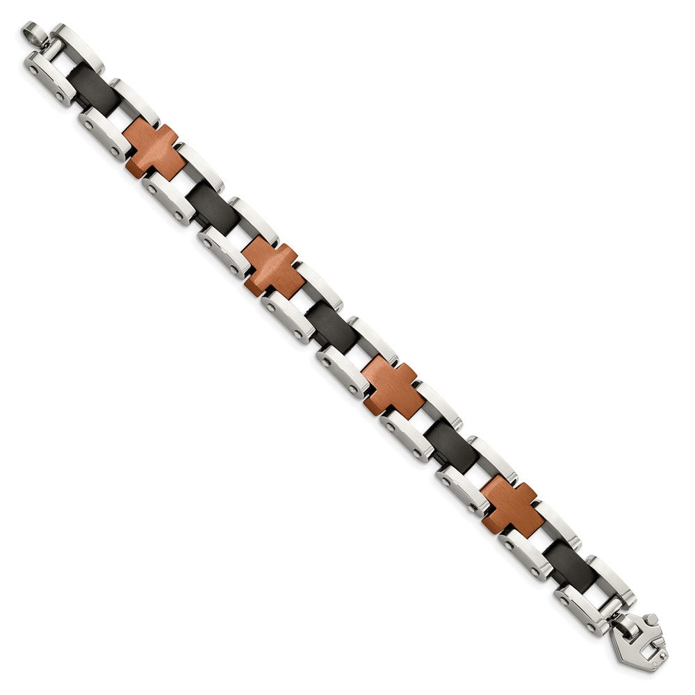 Stainless Steel Chisel Brushed And Polished Black Brown Ip-Plated 8.75 Inch Cross Link Bracelet