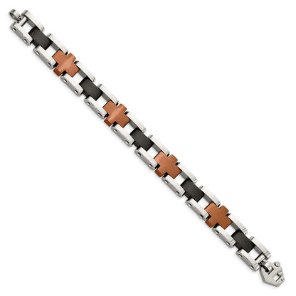 Stainless Steel Chisel Brushed And Polished Black Brown Ip-Plated 8.75 Inch Cross Link Bracelet