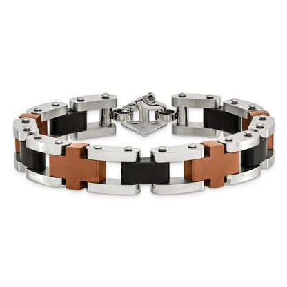 Stainless Steel Chisel Brushed And Polished Black Brown Ip-Plated 8.75 Inch Cross Link Bracelet