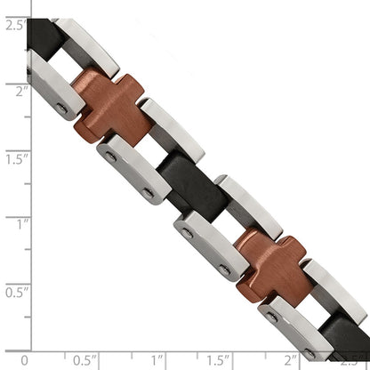 Stainless Steel Chisel Brushed And Polished Black Brown Ip-Plated 8.75 Inch Cross Link Bracelet