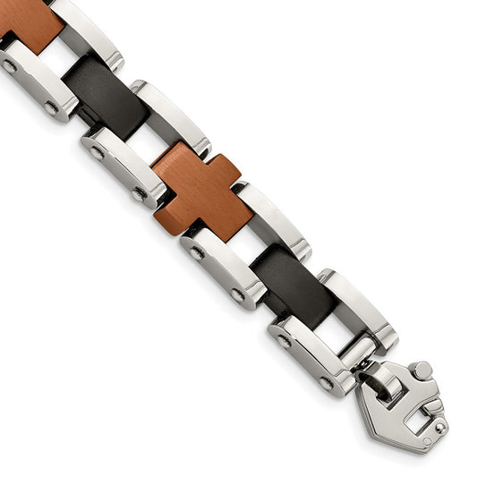 Stainless Steel Chisel Brushed And Polished Black Brown Ip-Plated 8.75 Inch Cross Link Bracelet