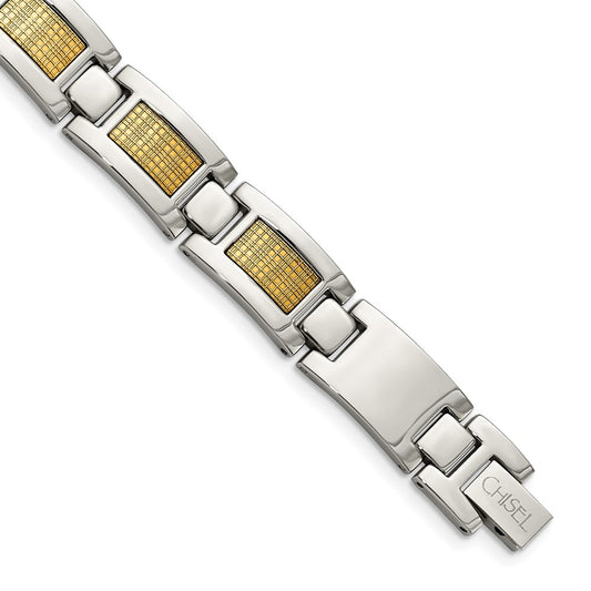 Stainless Steel Chisel Polished With 18K Gold Foil Inlay 8.25 Inch Link Bracelet