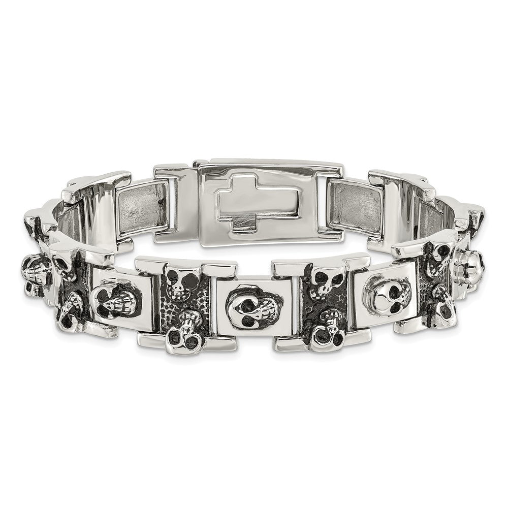 8 Inch Chisel Stainless Steel Antiqued And Polished Skull Link 8.25 Bracelet