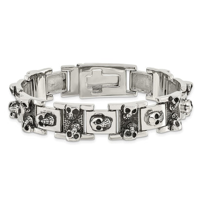 8 Inch Chisel Stainless Steel Antiqued And Polished Skull Link 8.25 Bracelet