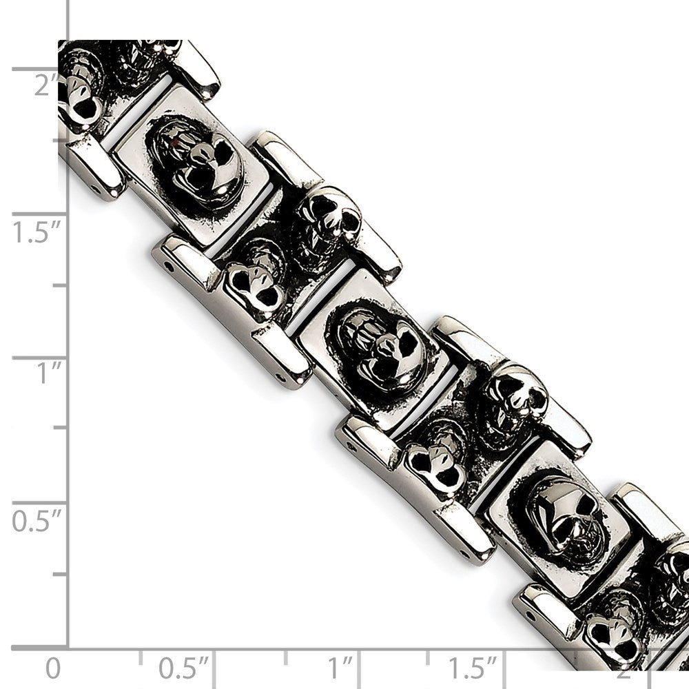 8 Inch Chisel Stainless Steel Antiqued And Polished Skull Link 8.25 Bracelet