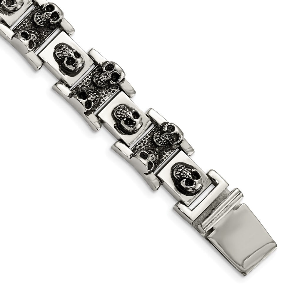 8 Inch Chisel Stainless Steel Antiqued And Polished Skull Link 8.25 Bracelet