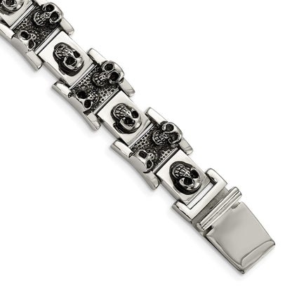 8 Inch Chisel Stainless Steel Antiqued And Polished Skull Link 8.25 Bracelet