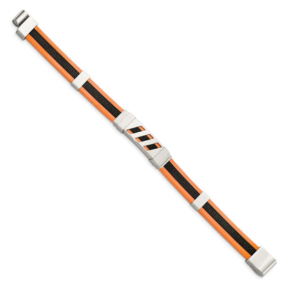 Stainless Steel Chisel Polished Black And Orange Rubber With Greek Key Design 8 Inch Bracelet
