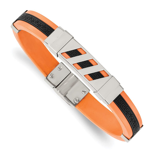 Stainless Steel Chisel Polished Black And Orange Rubber With Greek Key Design 8 Inch Bracelet