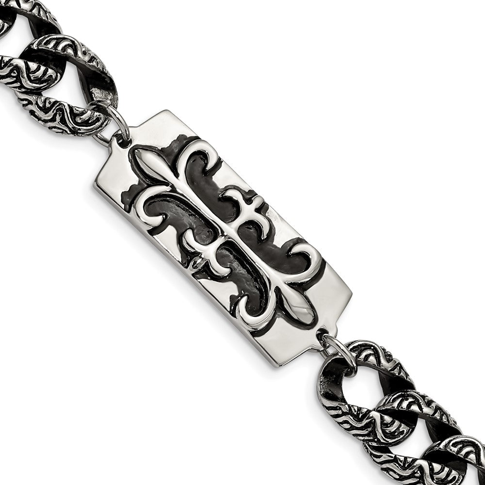 8.5 Inch Stainless Steel Antiqued And Polished Fleur De Lis 9In Bracelet