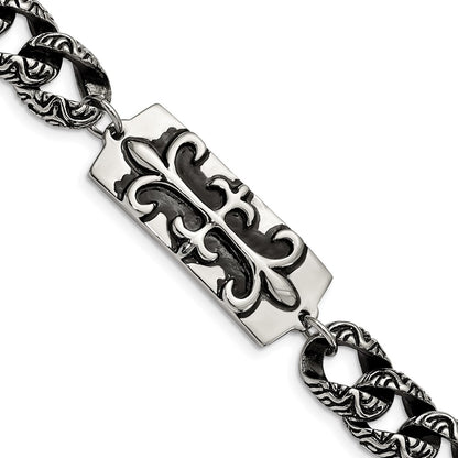 8.5 Inch Stainless Steel Antiqued And Polished Fleur De Lis 9In Bracelet