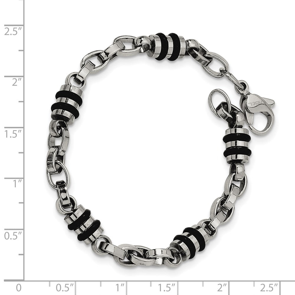 Stainless Steel Chisel Polished With Black Rubber Barrel Link 8 Inch Bracelet