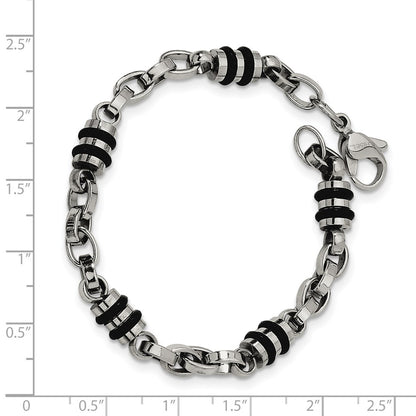 Stainless Steel Chisel Polished With Black Rubber Barrel Link 8 Inch Bracelet