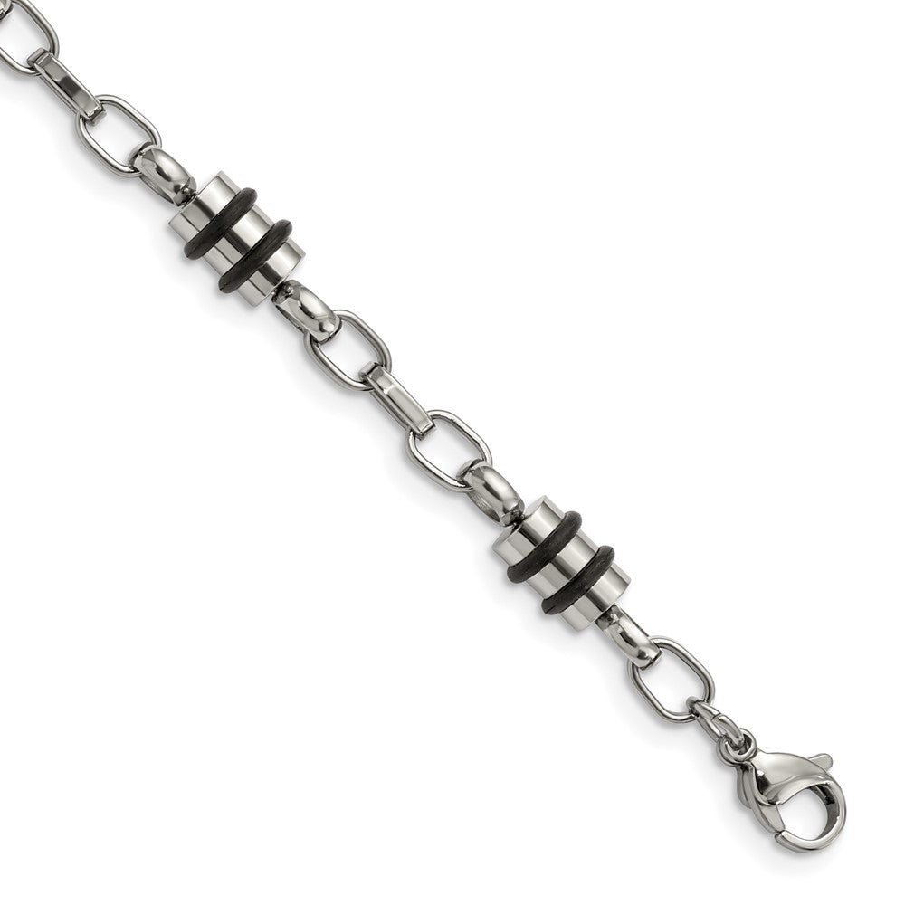 Stainless Steel Chisel Polished With Black Rubber Barrel Link 8 Inch Bracelet