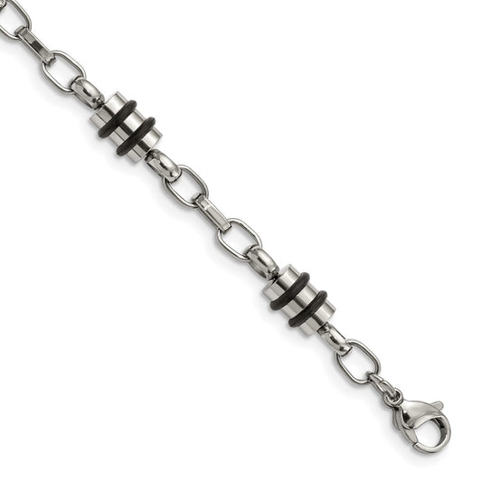 Stainless Steel Chisel Polished With Black Rubber Barrel Link 8 Inch Bracelet