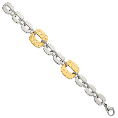 8 Inch Stainless Steel Yellow Ip-Plated Textured Square Link Bracelet