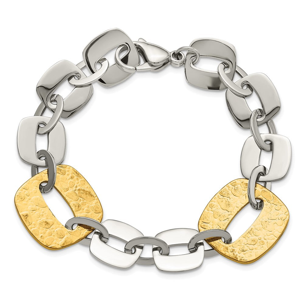 8 Inch Stainless Steel Yellow Ip-Plated Textured Square Link Bracelet