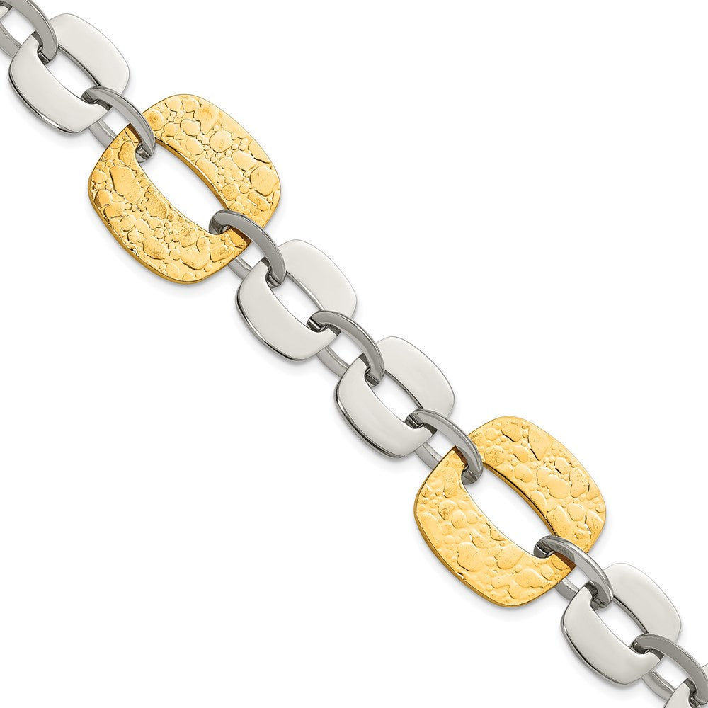 8 Inch Stainless Steel Yellow Ip-Plated Textured Square Link Bracelet