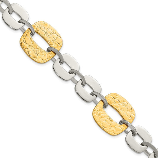 8 Inch Stainless Steel Yellow Ip-Plated Textured Square Link Bracelet