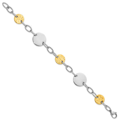 9 Inch Stainless Steel Yellow Ip-Plated Textured Circle Link Bracelet