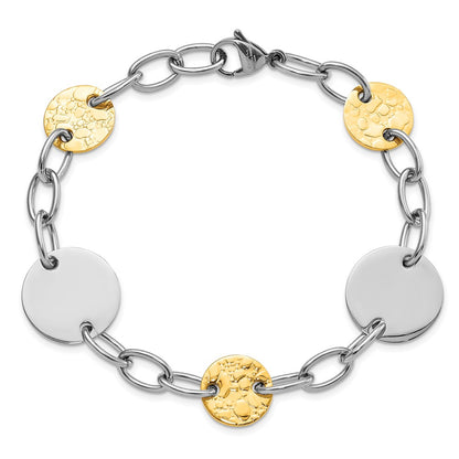 9 Inch Stainless Steel Yellow Ip-Plated Textured Circle Link Bracelet