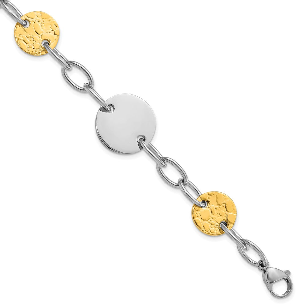 9 Inch Stainless Steel Yellow Ip-Plated Textured Circle Link Bracelet