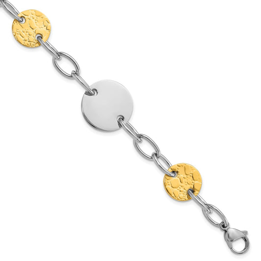 9 Inch Stainless Steel Yellow Ip-Plated Textured Circle Link Bracelet
