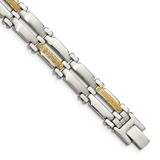 Stainless Steel Chisel With 14K Gold Accent Brushed And Polished 8.5 Inch Link Bracelet