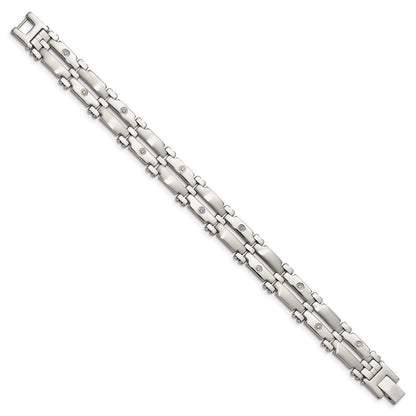 Stainless Steel Chisel Brushed And Polished With Rhodium-Plated 14K White Gold 1/20 Carat Diamond 8.5 Inch Bracelet