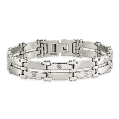 Stainless Steel Chisel Brushed And Polished With Rhodium-Plated 14K White Gold 1/20 Carat Diamond 8.5 Inch Bracelet