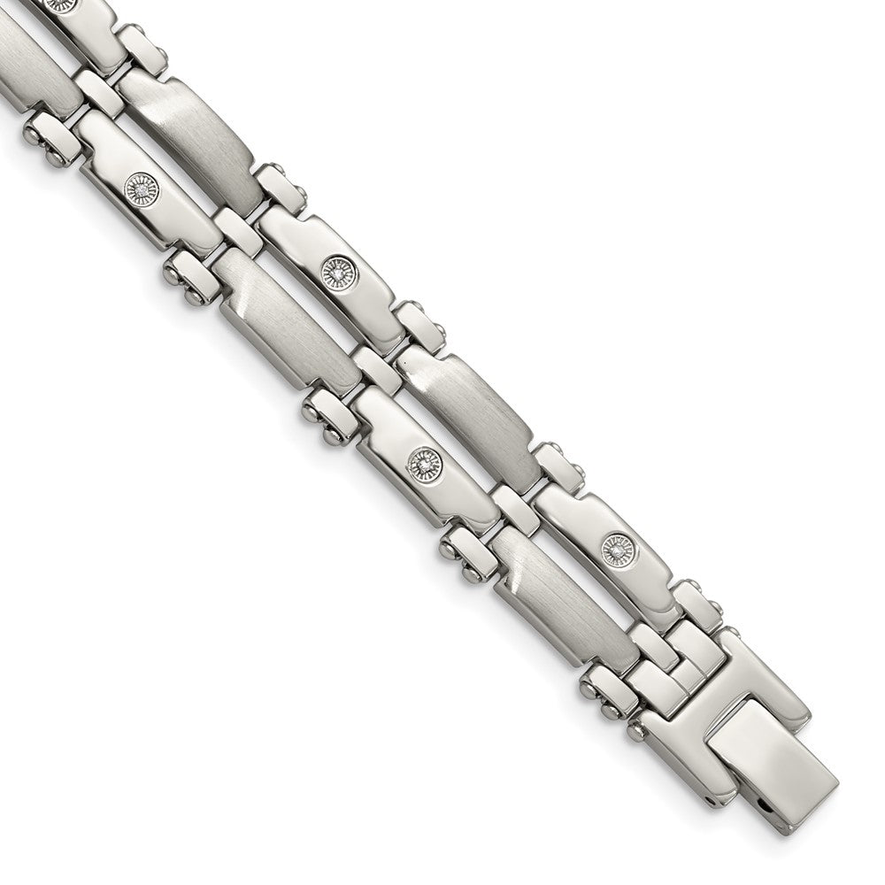 Stainless Steel Chisel Brushed And Polished With Rhodium-Plated 14K White Gold 1/20 Carat Diamond 8.5 Inch Bracelet