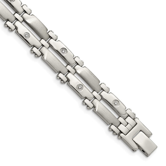 Stainless Steel Chisel Brushed And Polished With Rhodium-Plated 14K White Gold 1/20 Carat Diamond 8.5 Inch Bracelet
