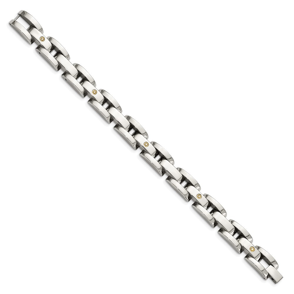 Stainless Steel Chisel Polished With Rhodium-Plated 14K White Gold Accent And .03 Carat Diamond 8.5 Inch Bracelet
