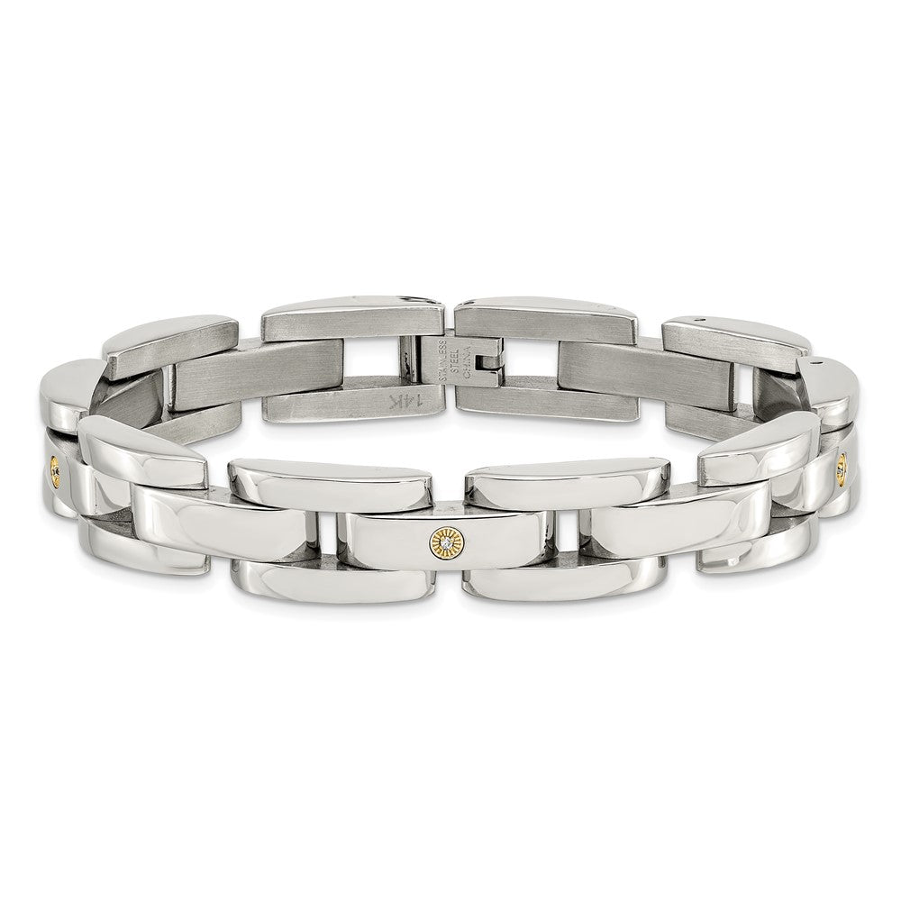 Stainless Steel Chisel Polished With Rhodium-Plated 14K White Gold Accent And .03 Carat Diamond 8.5 Inch Bracelet