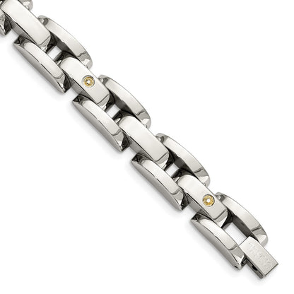 Stainless Steel Chisel Polished With Rhodium-Plated 14K White Gold Accent And .03 Carat Diamond 8.5 Inch Bracelet