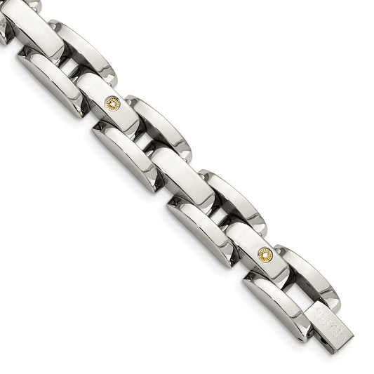 Stainless Steel Chisel Polished With Rhodium-Plated 14K White Gold Accent And .03 Carat Diamond 8.5 Inch Bracelet