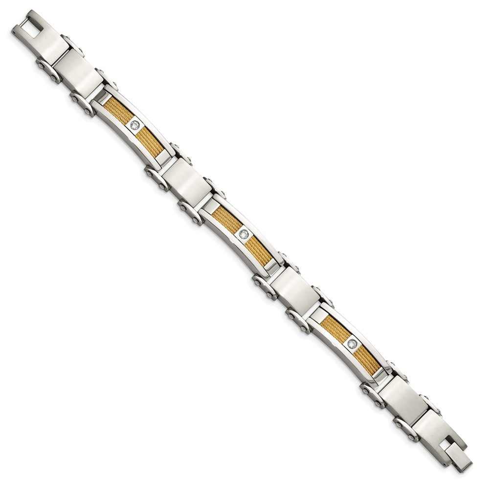 Stainless Steel Chisel Polished Yellow Ip-Plated Cable With Cz 8.5 Inch Link Bracelet