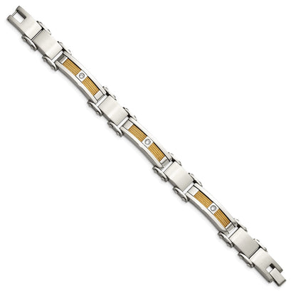 Stainless Steel Chisel Polished Yellow Ip-Plated Cable With Cz 8.5 Inch Link Bracelet