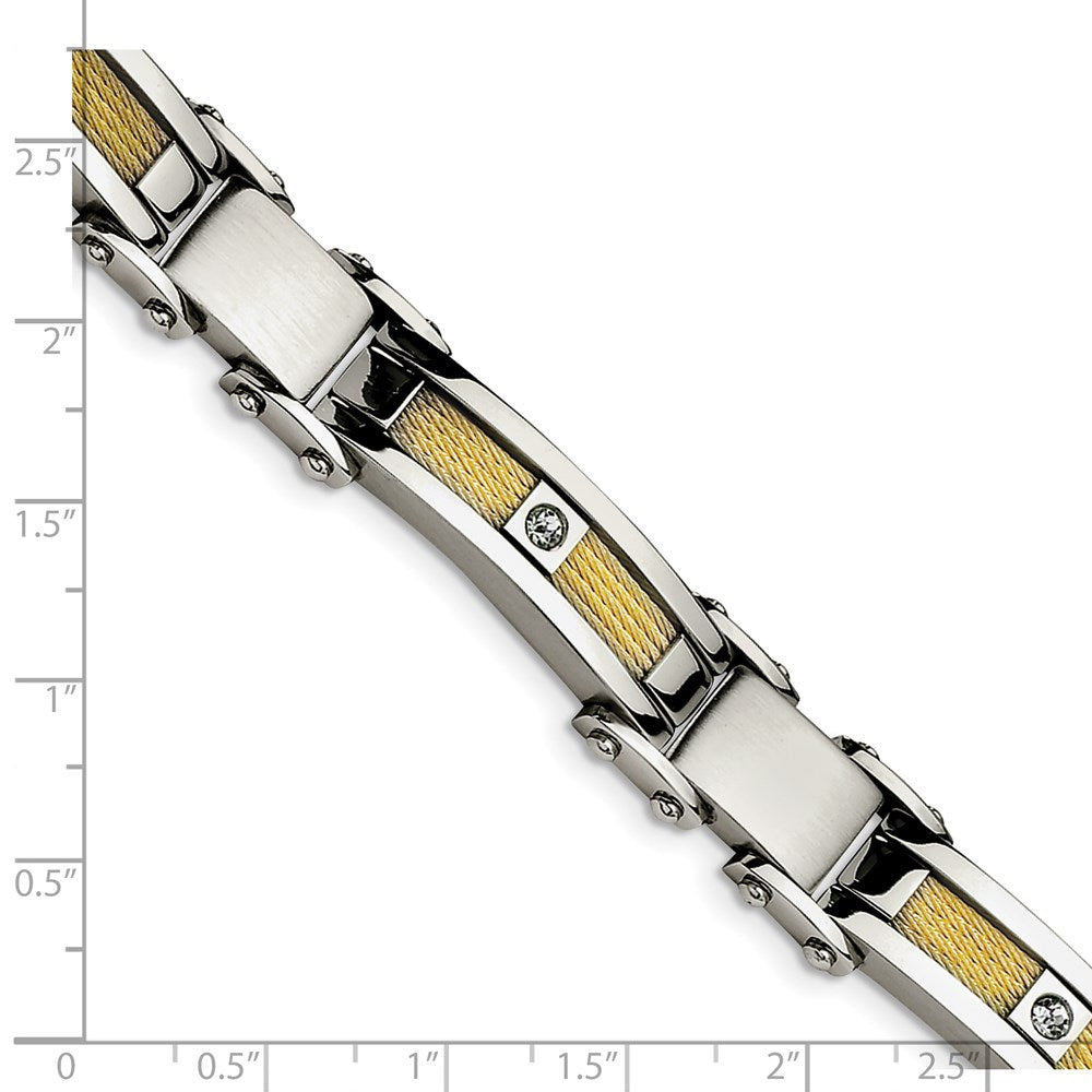 Stainless Steel Chisel Polished Yellow Ip-Plated Cable With Cz 8.5 Inch Link Bracelet